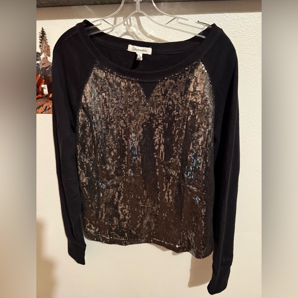 Aeropostale Black Sequin Blouse women’s light weight size large long sleeve